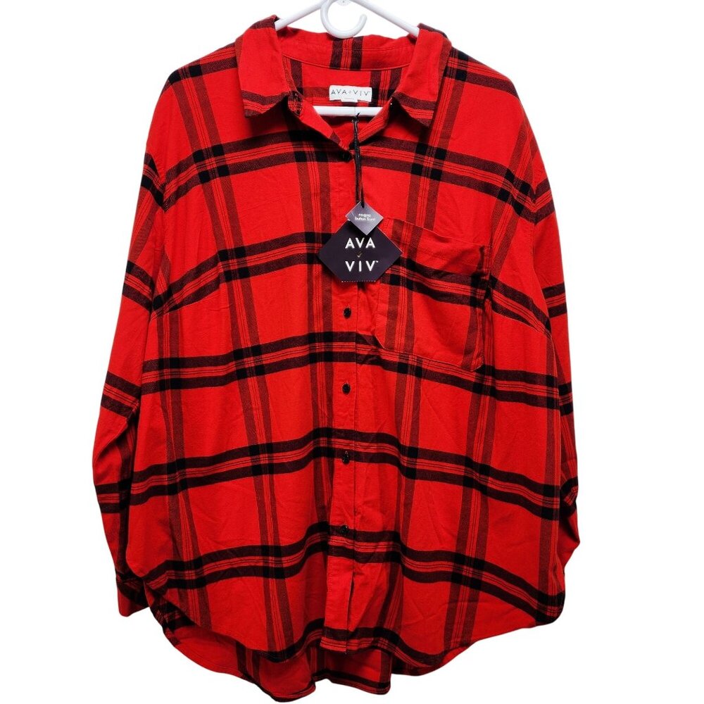 Ava & Viv Womens Red & Black Plaid Button-Up Long Sleeve Shirt Size XXL